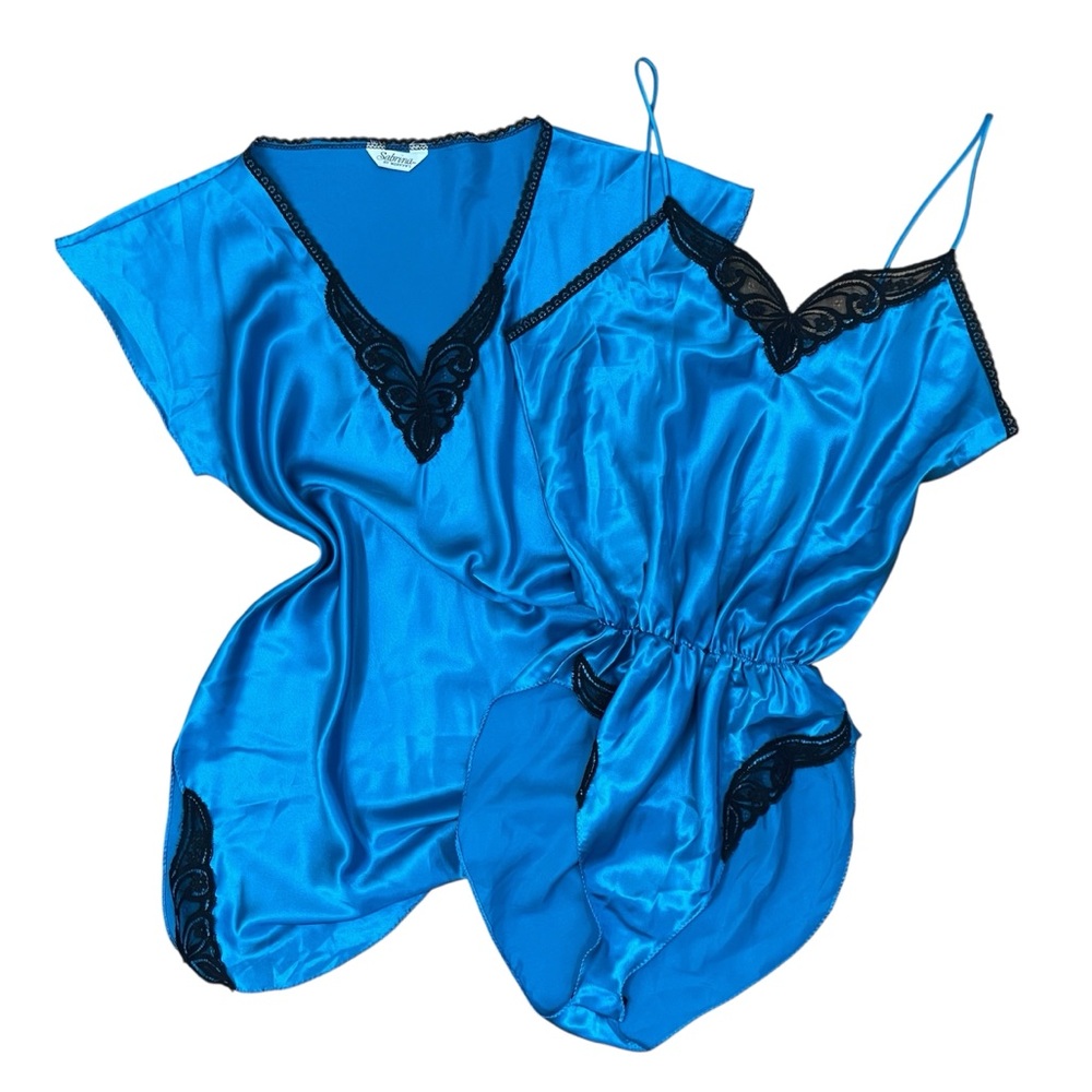 Sabrina Satin Nightie Med Teal Retro Romantic VTG 90s Lingerie  Blue Lace Pin-up